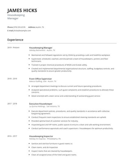 Housekeeping Manager Resume
