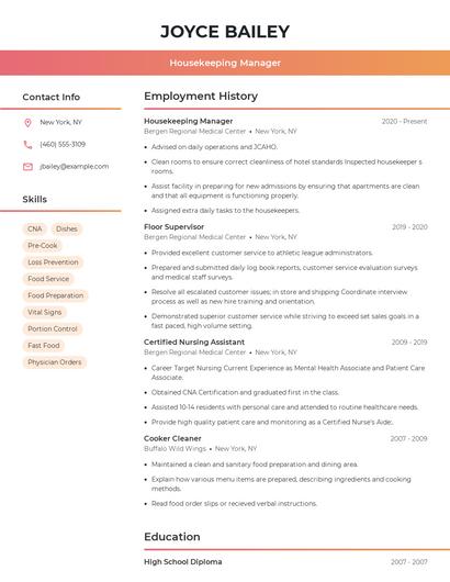 Housekeeping Manager Resume