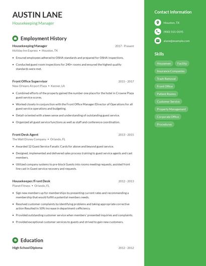 Housekeeping Manager Resume