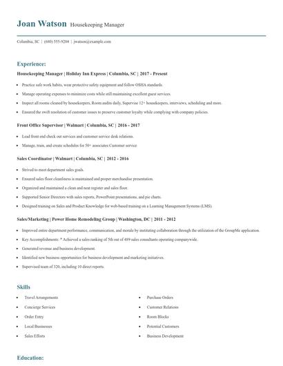 Housekeeping Manager Resume