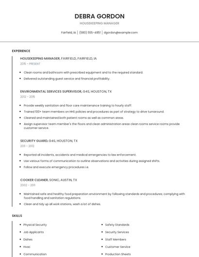 Housekeeping Manager Resume