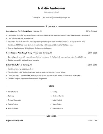 Housekeeping Staff Resume