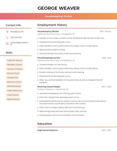 Housekeeping Worker Resume