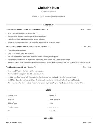 Housekeeping Worker Resume