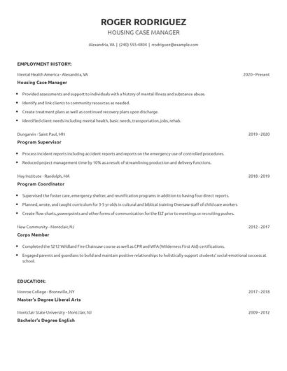 Housing Case Manager Resume