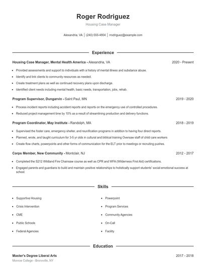 Housing Case Manager Resume