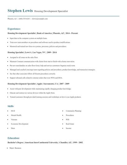 Housing Development Specialist Resume