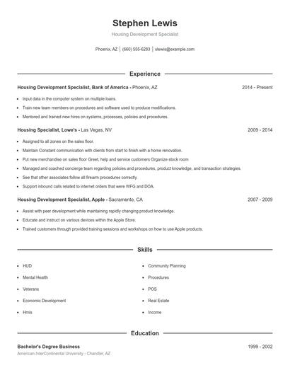 Housing Development Specialist Resume