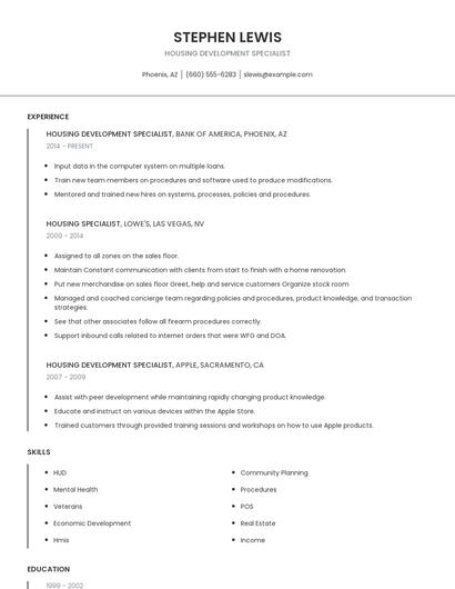 Housing Development Specialist Resume