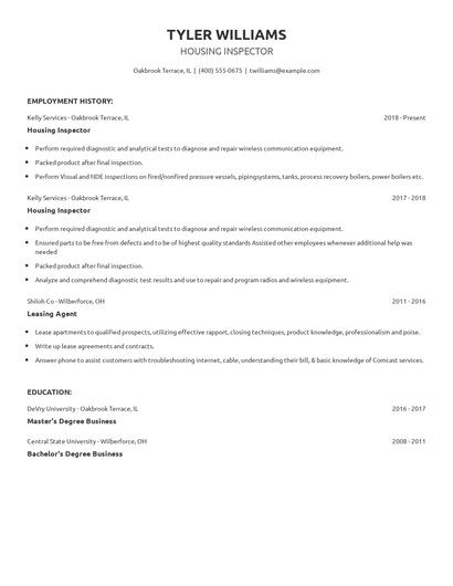 Housing Inspector Resume