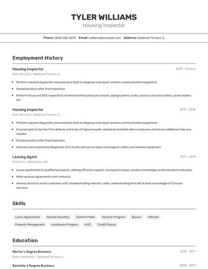 Housing Inspector Resume