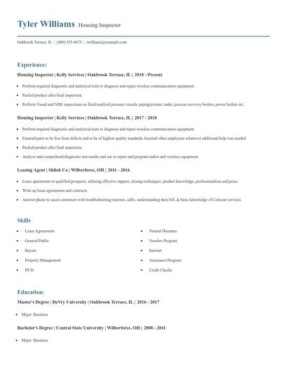 Housing Inspector Resume