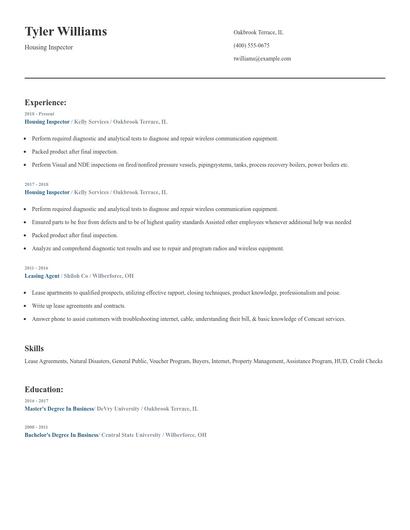 Housing Inspector Resume