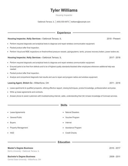Housing Inspector Resume