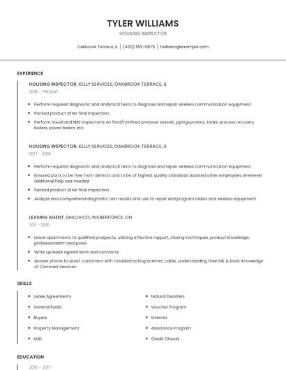 Housing Inspector Resume