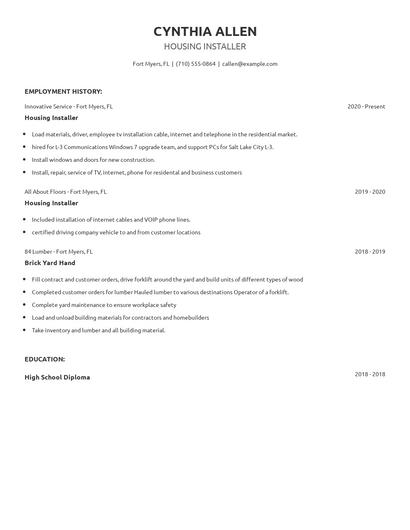 Housing Installer Resume