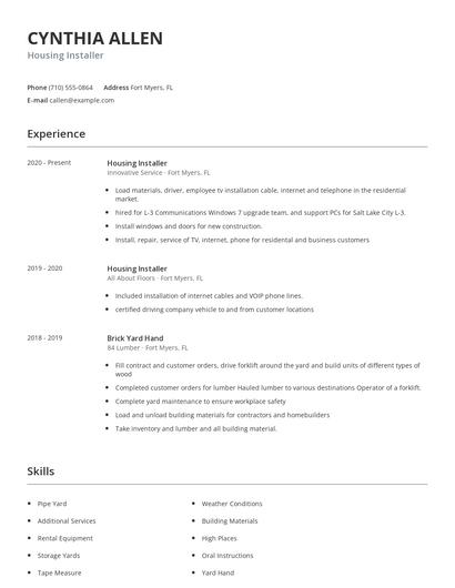 Housing Installer Resume