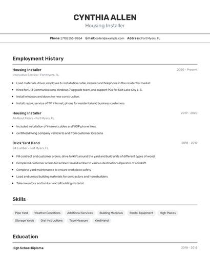 Housing Installer Resume