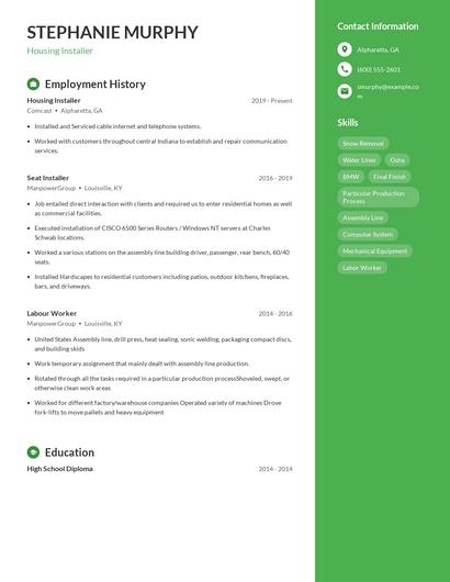 Housing Installer Resume