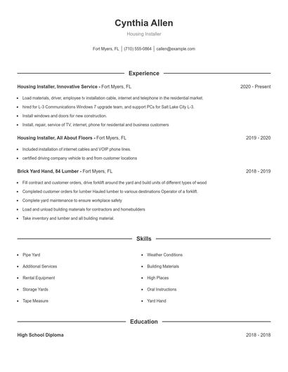 Housing Installer Resume