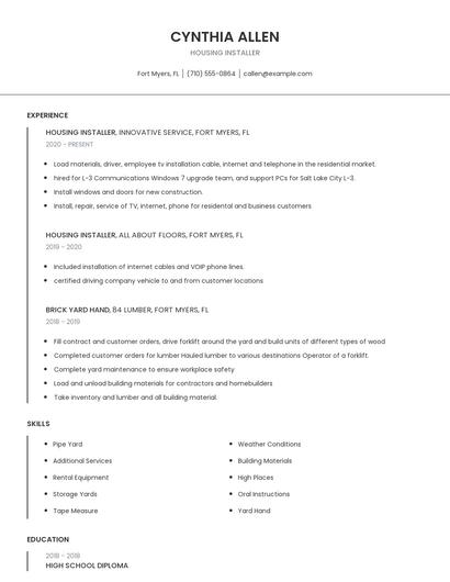 Housing Installer Resume