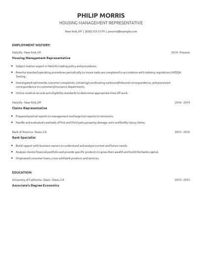 Housing Management Representative Resume