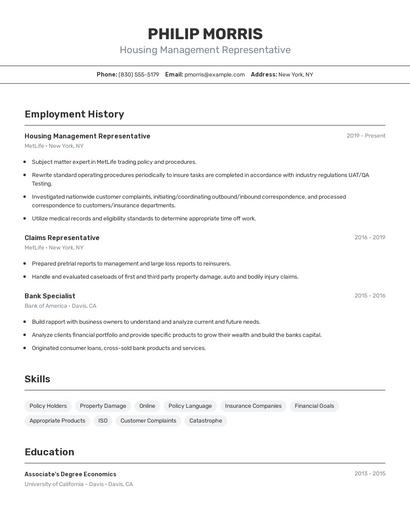 Housing Management Representative Resume