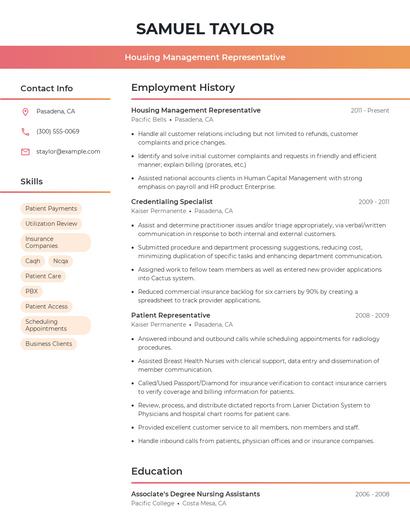 Housing Management Representative Resume