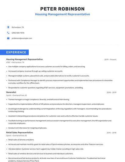 Housing Management Representative Resume