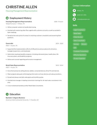 Housing Management Representative Resume