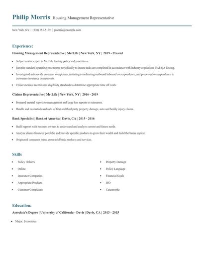 Housing Management Representative Resume