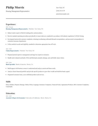 Housing Management Representative Resume