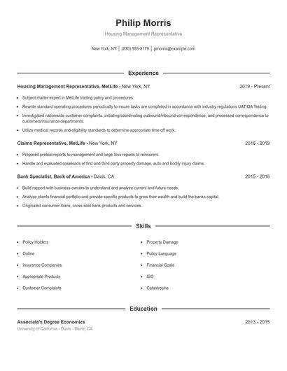 Housing Management Representative Resume