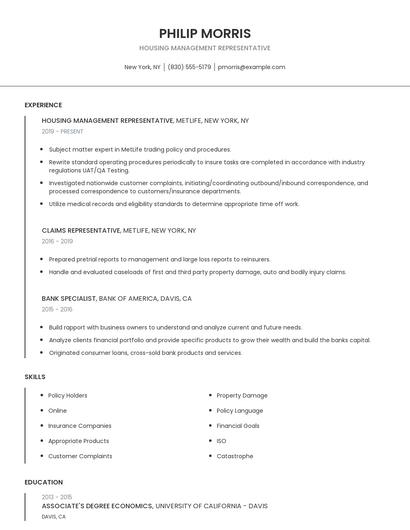 Housing Management Representative Resume