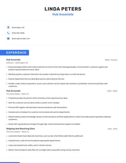 Hub Associate Resume