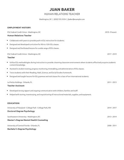 Human Relations Teacher Resume