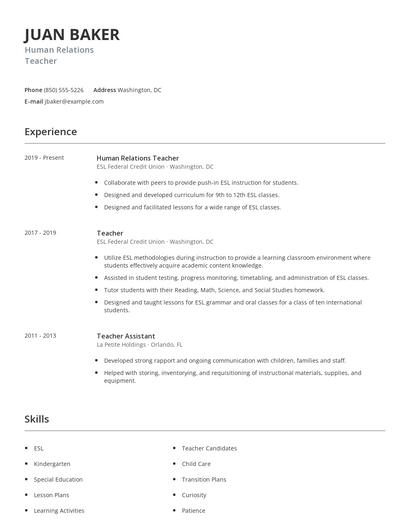 Human Relations Teacher Resume