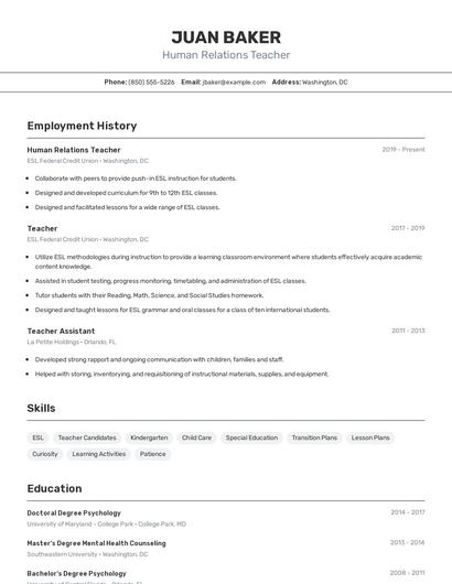 Human Relations Teacher Resume