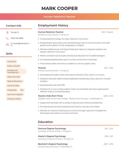 Human Relations Teacher Resume