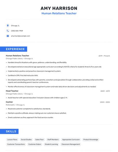 Human Relations Teacher Resume