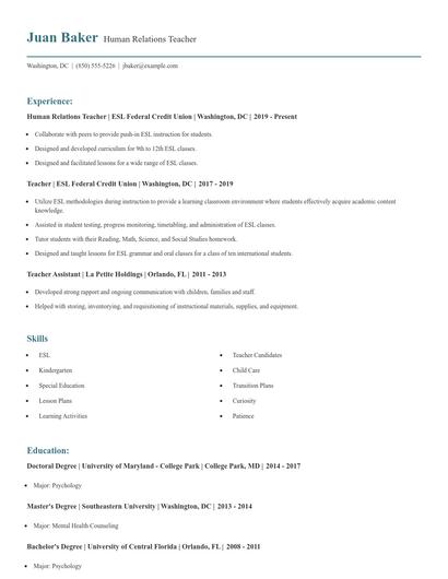 Human Relations Teacher Resume