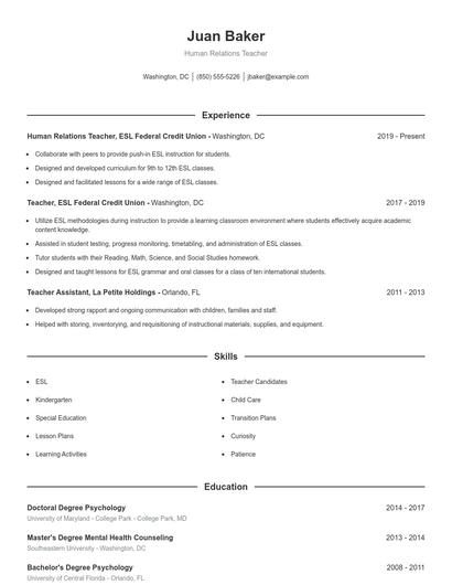 Human Relations Teacher Resume