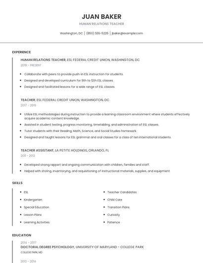Human Relations Teacher Resume