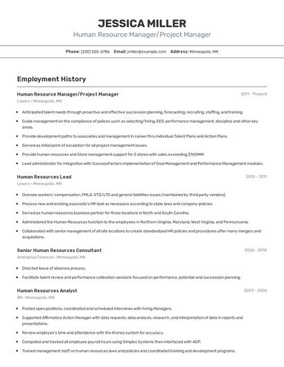Human Resource Manager/Project Manager Resume