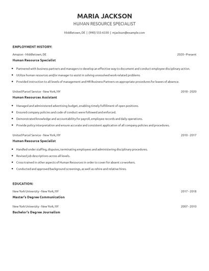 Human Resource Specialist Resume