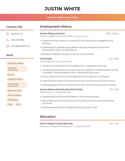 Human Resources Clerk Resume