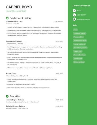 Human Resources Clerk Resume