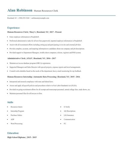 Human Resources Clerk Resume