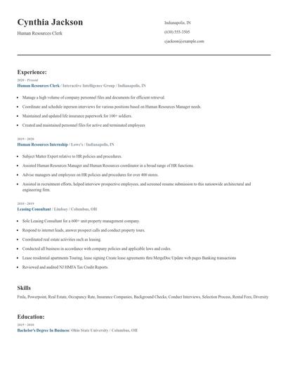 Human Resources Clerk Resume