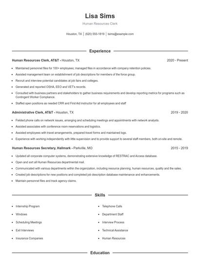 Human Resources Clerk Resume